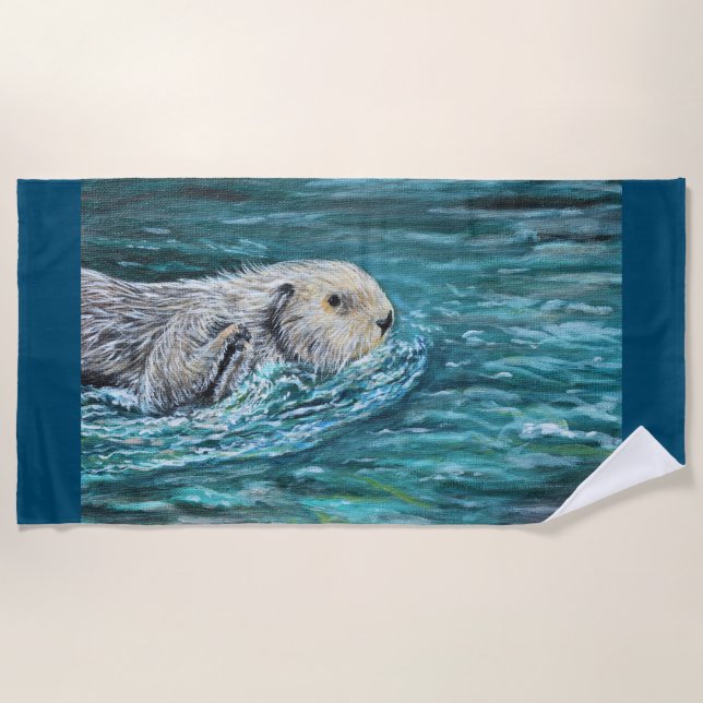 Ooh Goody Lunchtime Sea Otter Painting Beach Towel (Front)
