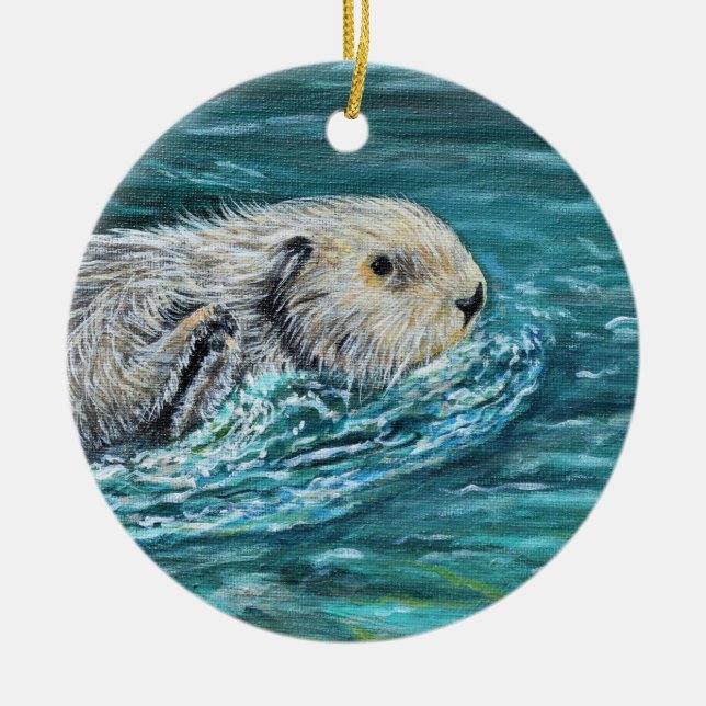 Ooh Goody Lunchtime Sea Otter Painting Ceramic Ornament (Front)