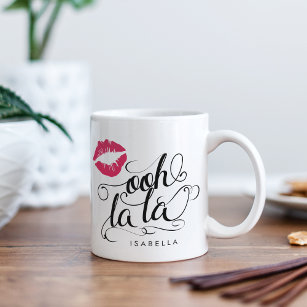 Ooh La La Black & Pink Lip Print Typography Coffee Mug