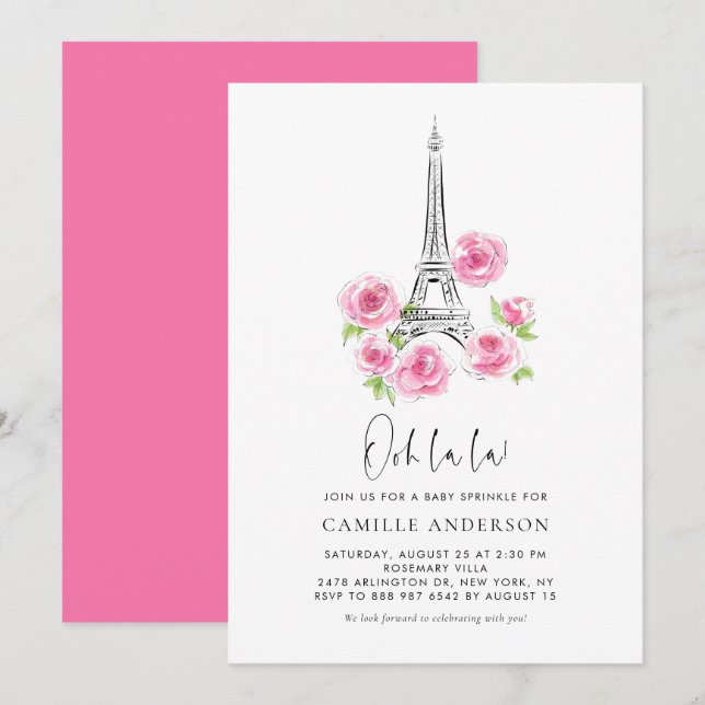 Ooh la la Eiffel Tower Pink Floral Baby Sprinkle Invitation (Front/Back)