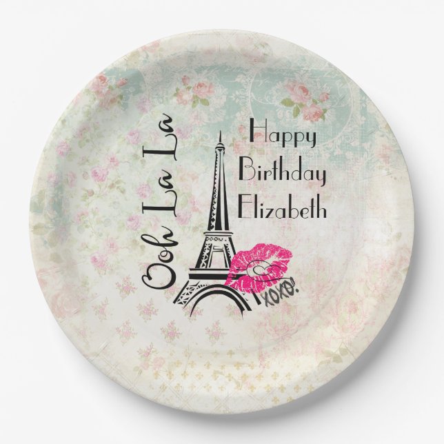 Ooh La La Paris Eiffel Tower Happy Birthday Paper Plate (Front)