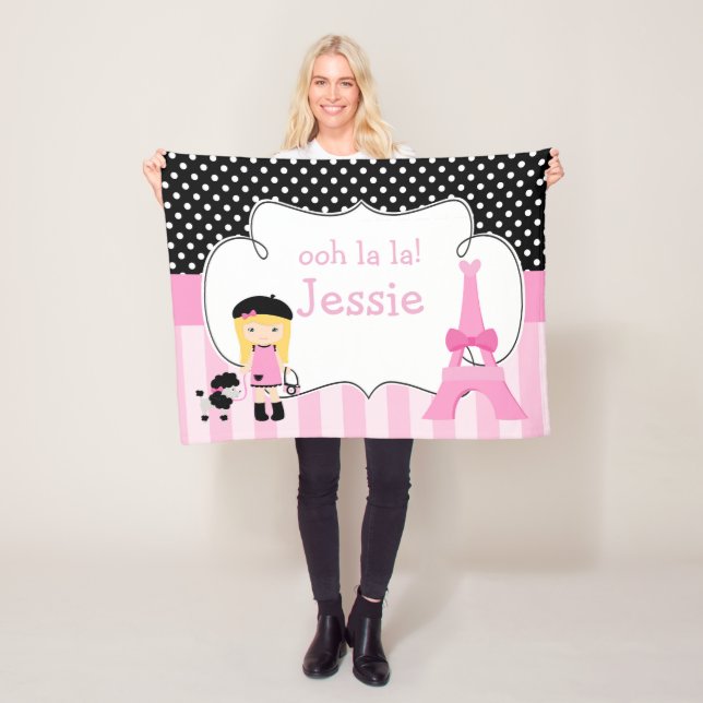 Ooh la la Paris Eiffel Tower Pink and Black Fleece Blanket (In Situ)