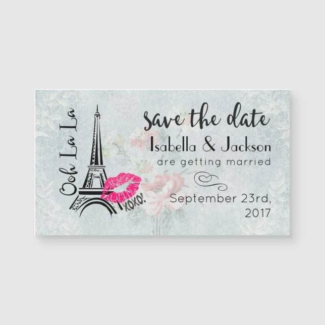 Ooh La La Pink Lips Eiffel Tower Save The Date (Front)