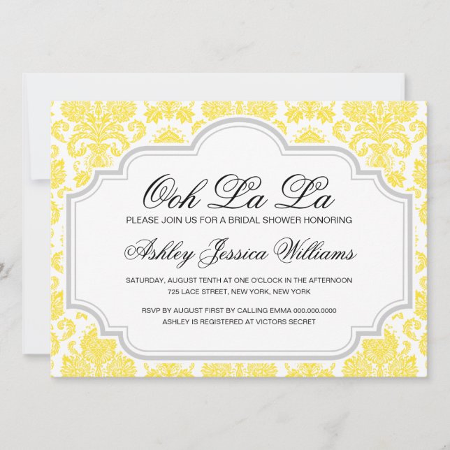 Ooh La La Yellow Damask Invitations de douche nupt (Devant)