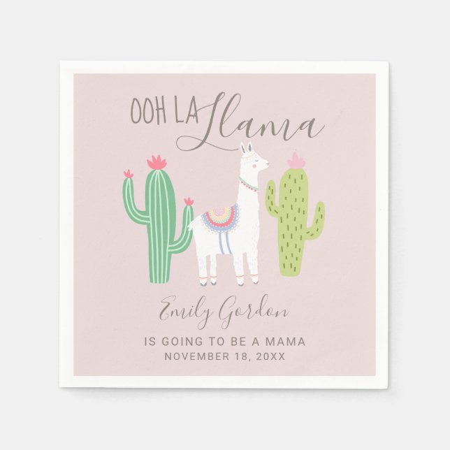 Ooh La Llama Baby Shower Cute Pink & Brown Simple Napkin (Front)
