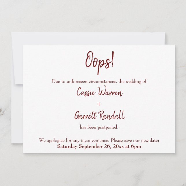 Oops! Burgundy Postponed Wedding Announcement (Front)