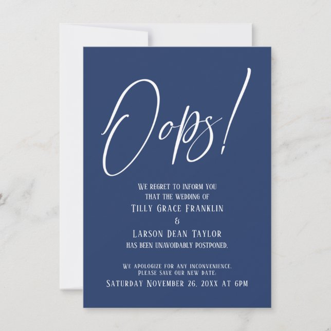 Oops! Funny Delayed Wedding Simple Navy Card (Front)