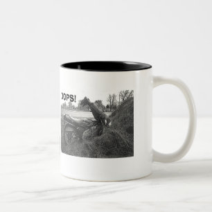 "OOPS!" (FUNNY FAKE MAN IN FAKE MOTORBIKE MISHAP) Two-Tone COFFEE MUG
