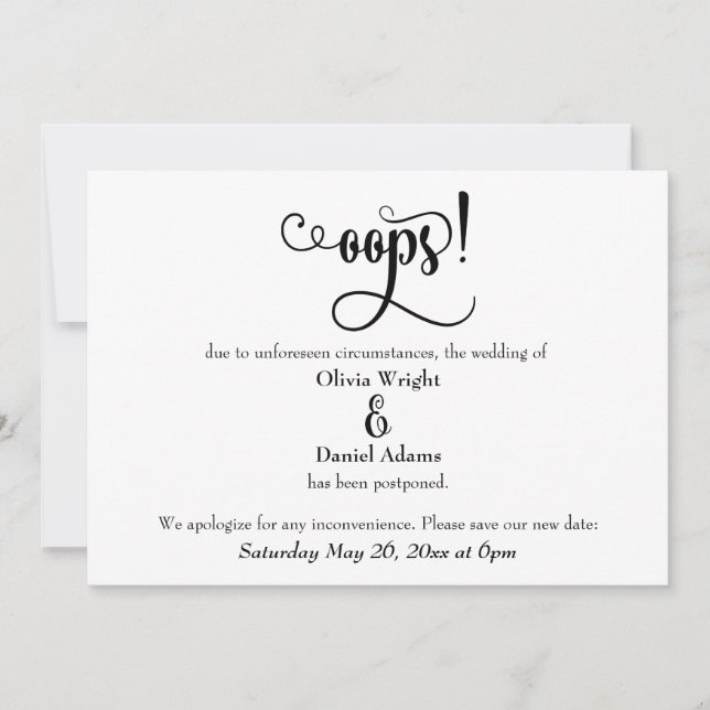 "Oops!" Humourous Postponed Wedding Announcement (Front)