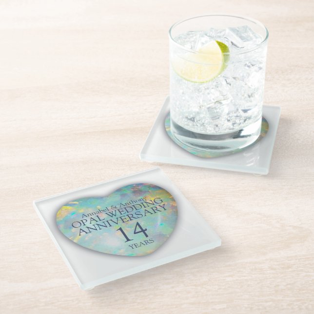 Opal 14th Wedding Anniversary Heart Glass Coaster (Angled)