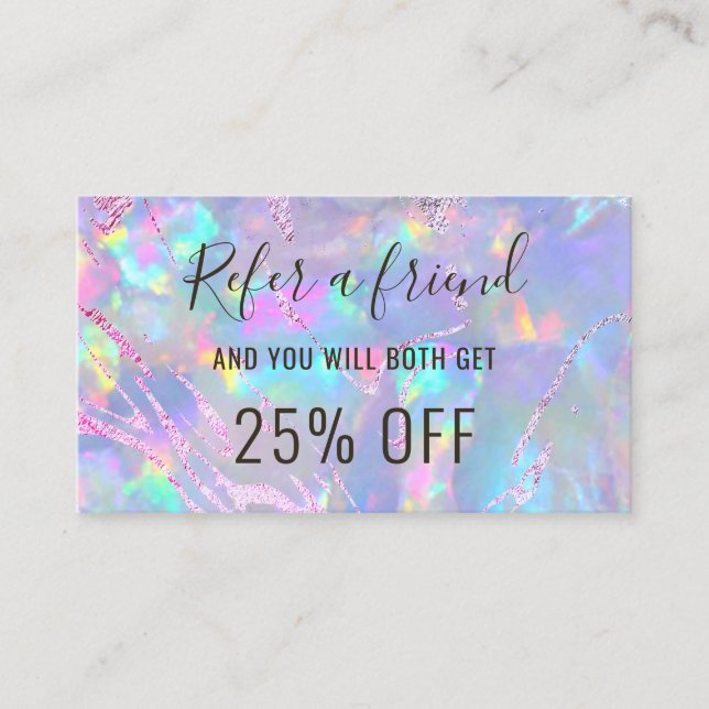 opal background purple foil referral card (Front)