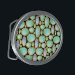 Opal Brooch Gem Gemstone Turquoise Pattern Oval Belt Buckle<br><div class="desc">This belt buckle has a pretty opal brooch pendant pattern with gold chains. This unique printed design is made to look like opals arranged in a sort of mosaic on a black, customizable background. The oval shapes have an opaque mother-of-pearl feel with swirls of blue, green and white. It's a...</div>