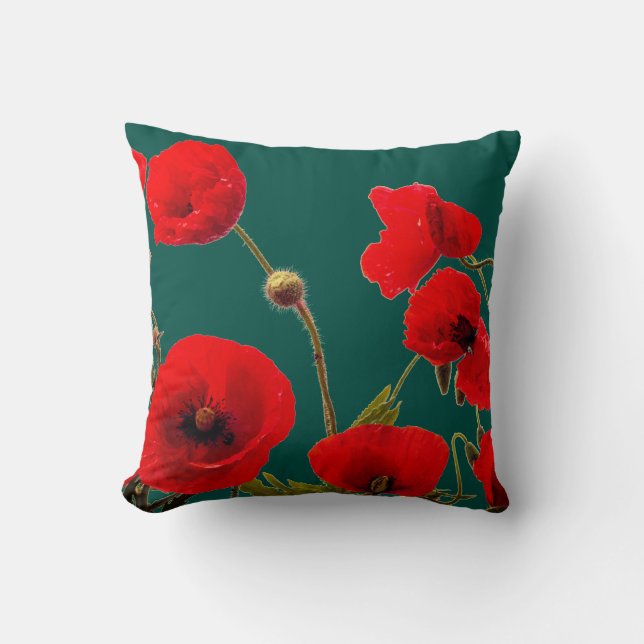 Opal Cyan Deep Colourful Red Poppy Flower Floral Throw Pillow (Front)
