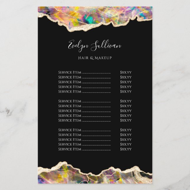 Opal design on black price list flyer (Front)