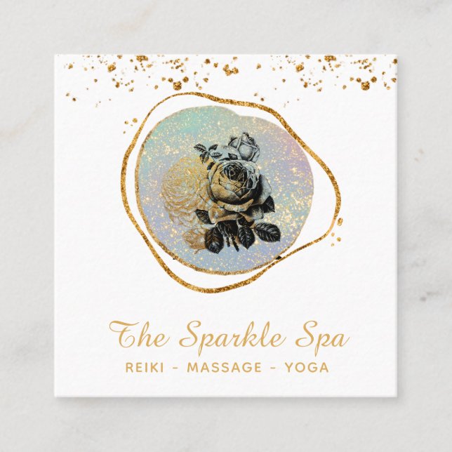*~* Opal Gold Glitter Frame Floral Rose Square Business Card (Front)