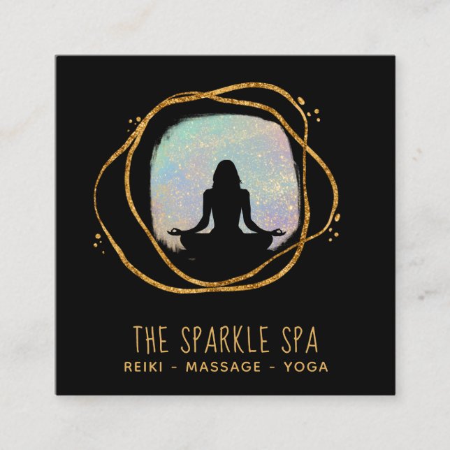 *~* Opal Gold Glitter Frame Woman Meditation Square Business Card (Front)