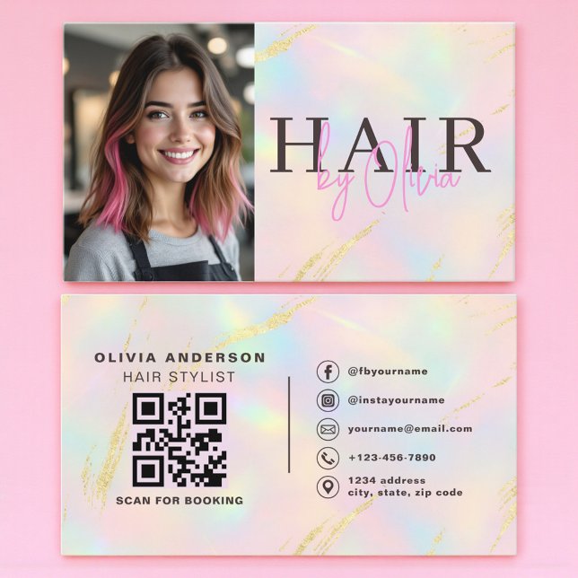 Opal Gold Glitter Hair Stylist Photo QR Code  Business Card (Creator Uploaded)
