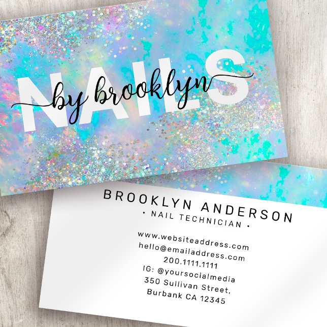 Opal Holographic Glitter Script Nail Artist  Business Card (Creator Uploaded)