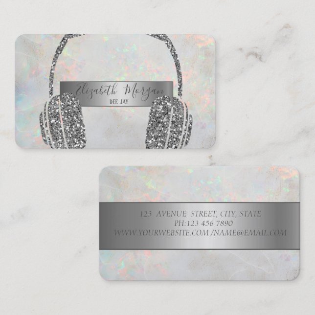  Opal Holographic Silver Glitter Headphone DJ  Business Card (Front/Back)