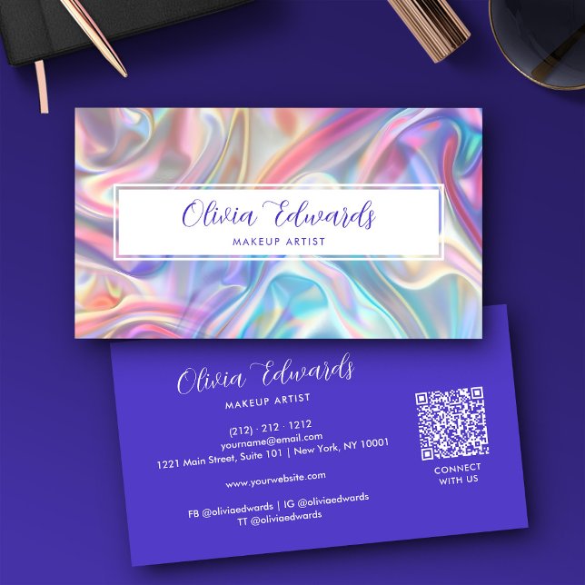 Opal Iridescent Script Violet QR Code Business Card (Creator Uploaded)