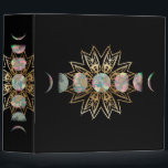 Opal Moon and Gold Stars Binder<br><div class="desc">A full moon cycle graphic with an opal texture overlay framed by a tribal gold star mandala,  set against a solid black background.</div>