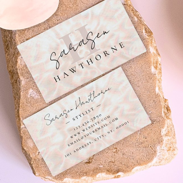 Opal Stone Rose Gold Monogram Initial Script Name Business Card (Creator Uploaded)