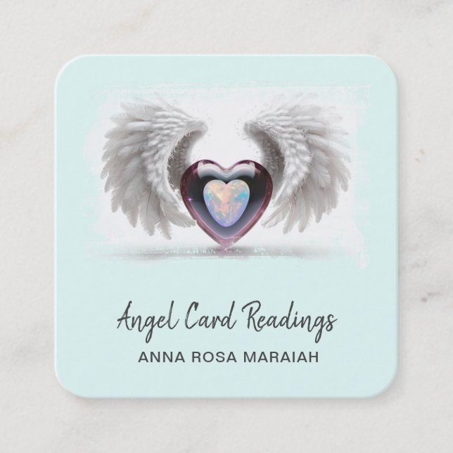 *~* Opal Two Heart QR Angel Wings AP78 Aqua Square Business Card (Front)