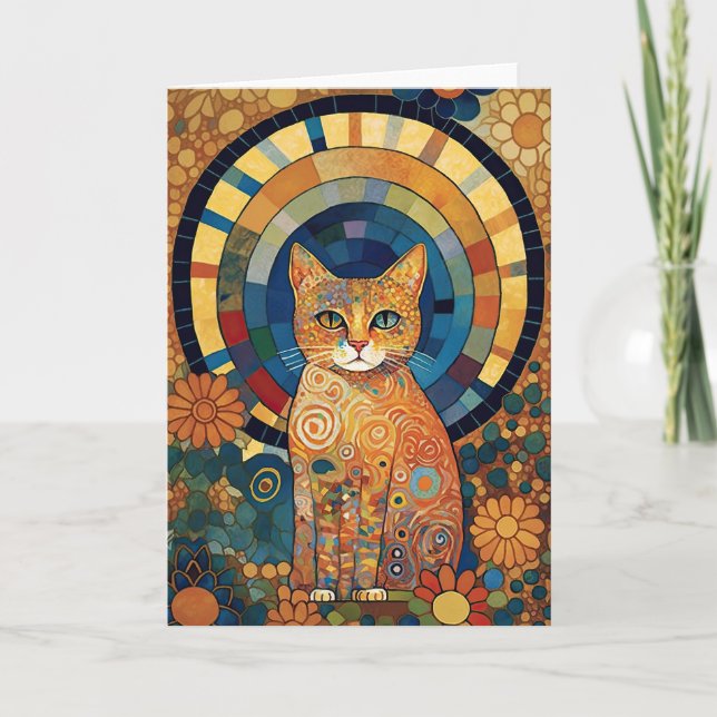 Opalescent Cat in Mosaic-Like Romanesque Design Card (Front)