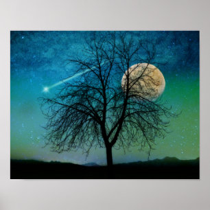 Opalescent Sky print shooting star, moonlit tree