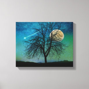 Opalescent Sky, tree, harvest moon, shooting star Canvas Print