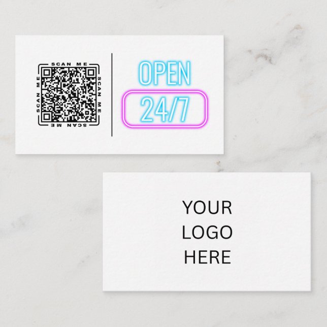 Open 24/7 Neon | Customizable QR code And Logo  Business Card (Front/Back)