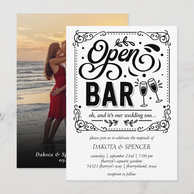 Open Bar (and Wedding) | Simple Casual Photo Invit Invitation (Front/Back)