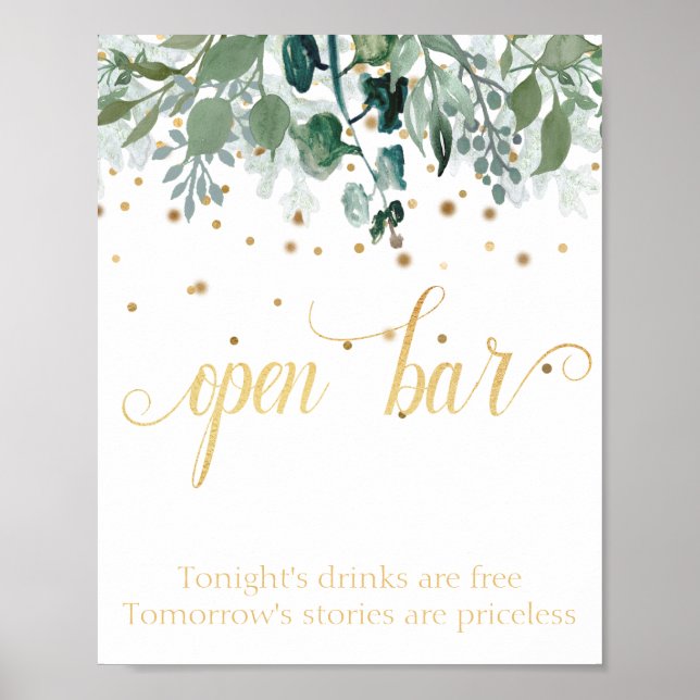 Open Bar Botanical Greenery Gold Wedding Poster (Front)