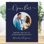 Open Bar Custom Photo Navy Blue Wedding Drinks Poster<br><div class="desc">Open Bar ! Simple yet elegant calligraphy, this wedding bar sign features Open bar in elegant calligraphy, and drinks are on us, hangover in on you! . Customize this elegant wedding sign with your favorite engagement or couple photo, and names! COPYRIGHT © 2020 Judy Burrows, Black Dog Art - All...</div>