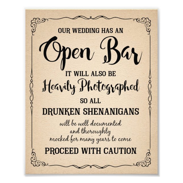 OPEN bar for  WEDDING OR PARTY SIGN (Front)