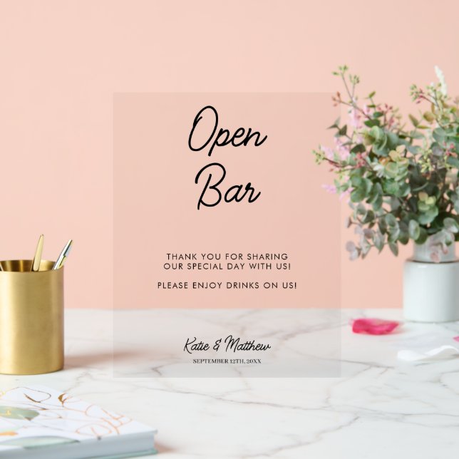 Open Bar Free Drinks Wedding Minimalist Acrylic Sign (Wedding)
