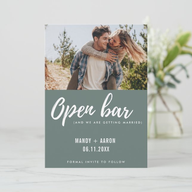 Open Bar Modern Photo Wedding Funny Save the Date (Standing Front)