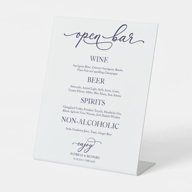 Open Bar Navy Blue Calligraphy Wedding Sign (Front)