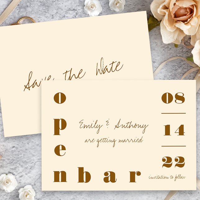 Open Bar Oversized Typography Vintage Cream Bronze Save The Date (Open Bar Wedding Save the Date Card with handwritten wording)