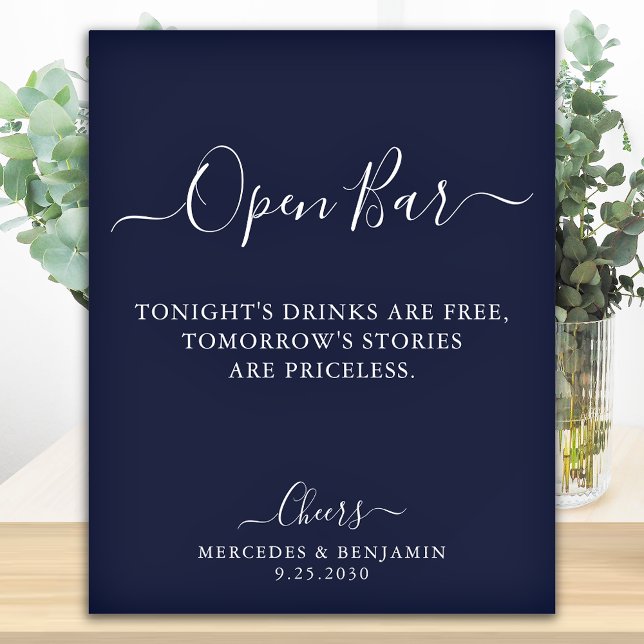 Open Bar Personalized Navy Blue Wedding Drinks Poster (Creator Uploaded)