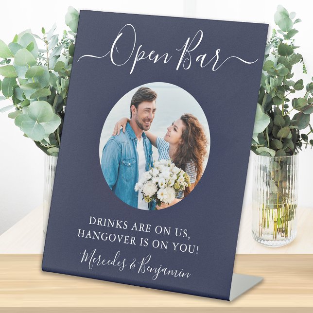 Open Bar Personalized Photo Navy Blue Wedding Pedestal Sign (Creator Uploaded)