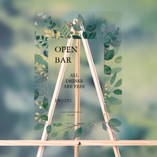 Open Bar Sign Gold et cadre feuille vert