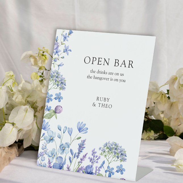 Open Bar Wildflower Periwinkle Floral Wedding  Pedestal Sign (Open Bar sign from my Lilac + Periwinkle Wildflower Wedding Collection)