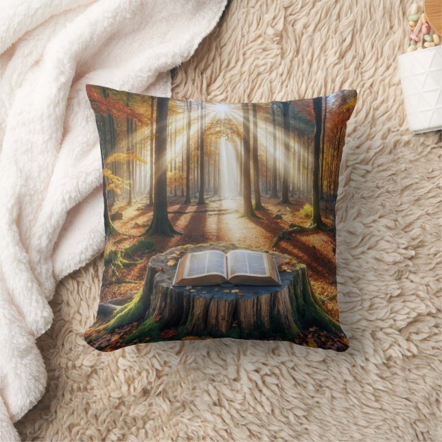 Open Bible On Autumn Tree Stump Throw Pillow (Blanket)