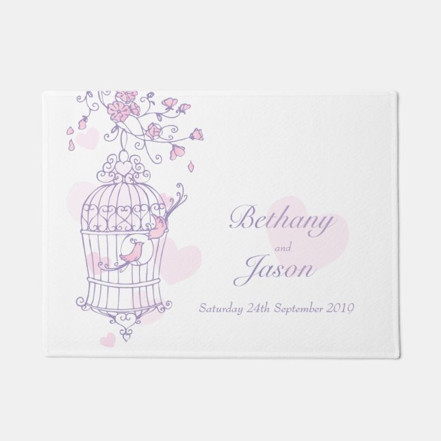 Open Birdcage two birds custom wedding mat (Front)