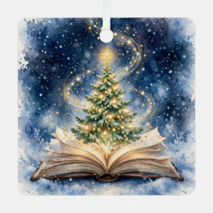Open Book Christmas Tree — Square Metal Ornament