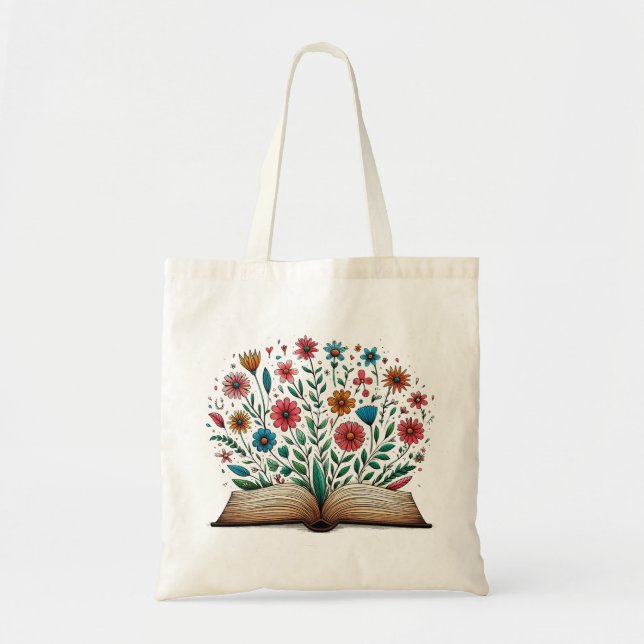 Open Book Drawing with colourful flower blooming Tote Bag (Front)