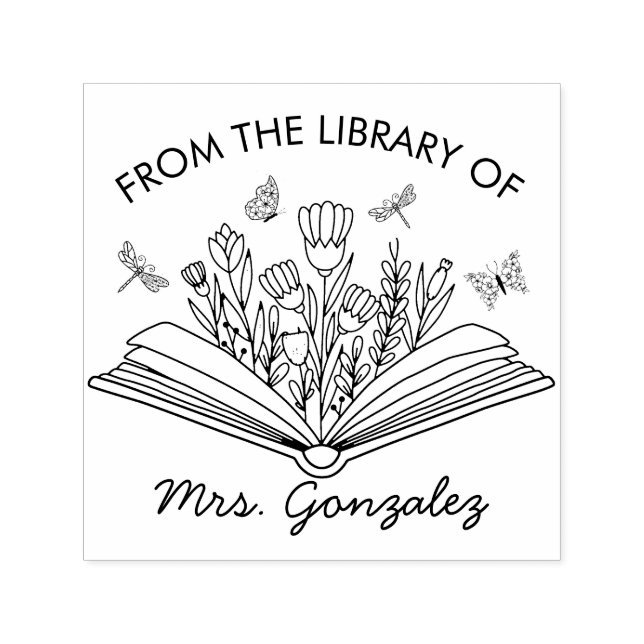 Open Book Flowers Dragonflies Teacher Library Self-inking Stamp (Design)