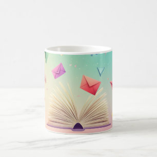 open book from which paper airplanes and colourful coffee mug