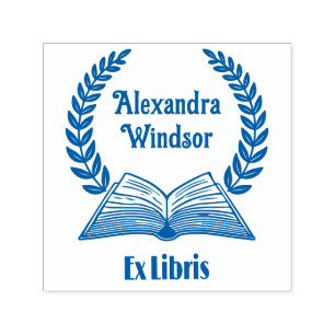 Open Book, Laurel Wreath Ex Libris Name Book Self-inking Stamp